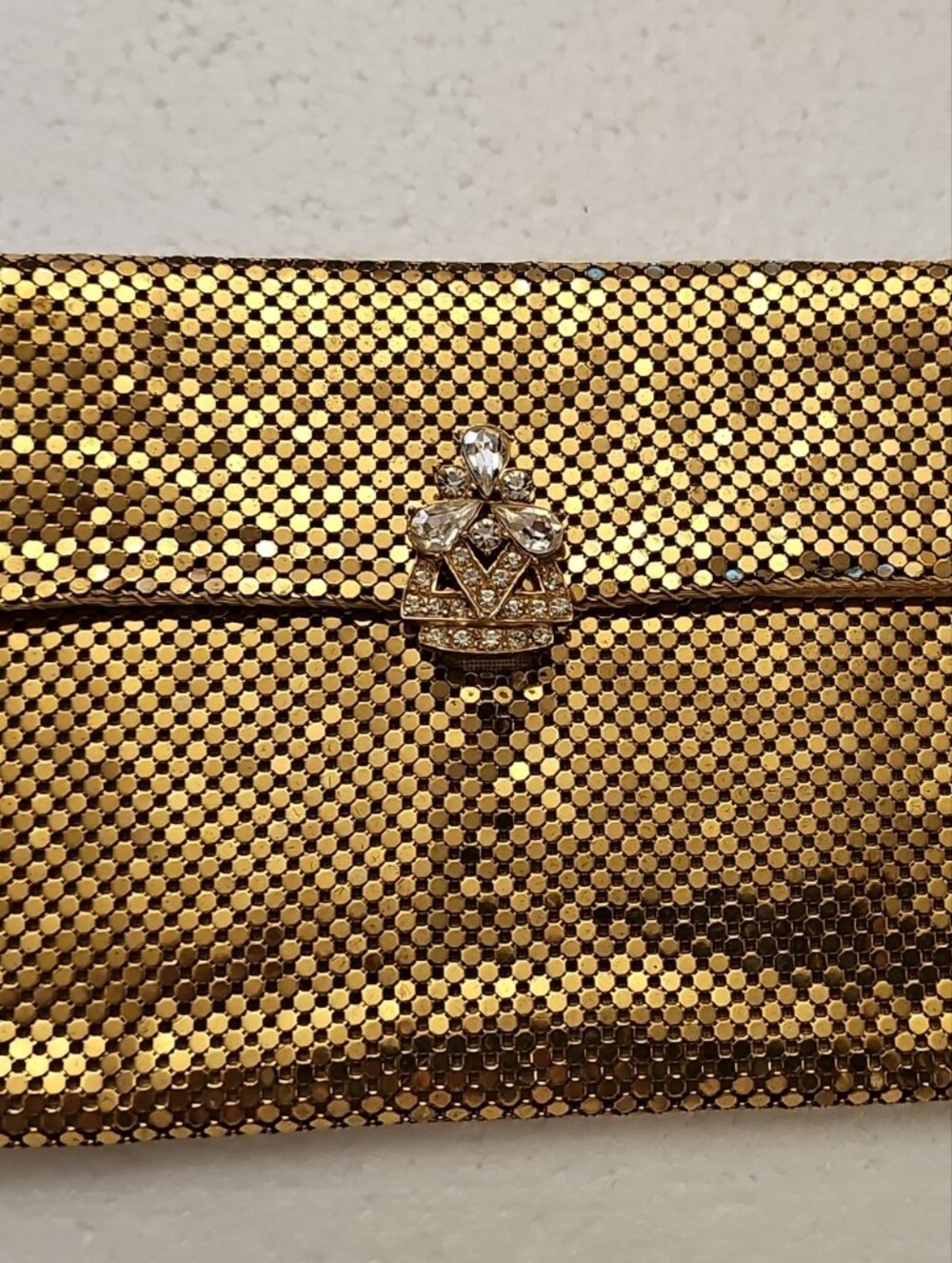 Vintage Whiting & Davis Gold Mesh Evening Clutch with Crystal Rhinestone Clasp